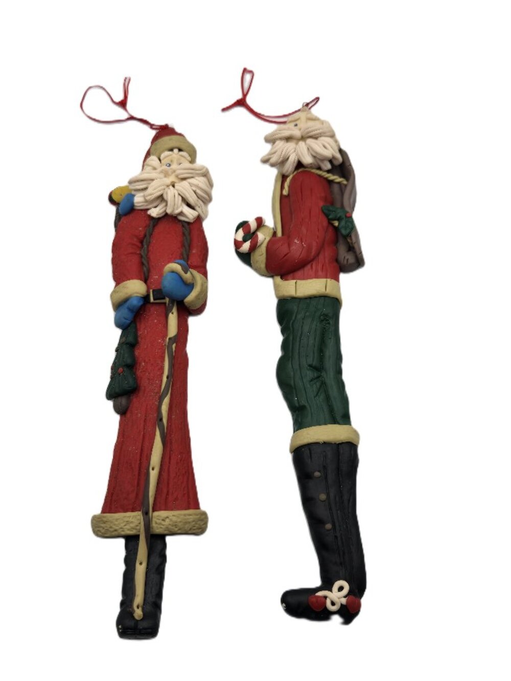 2 Tall Santa Claus Dangling Figurines  Ornaments Christmas Holiday Clay